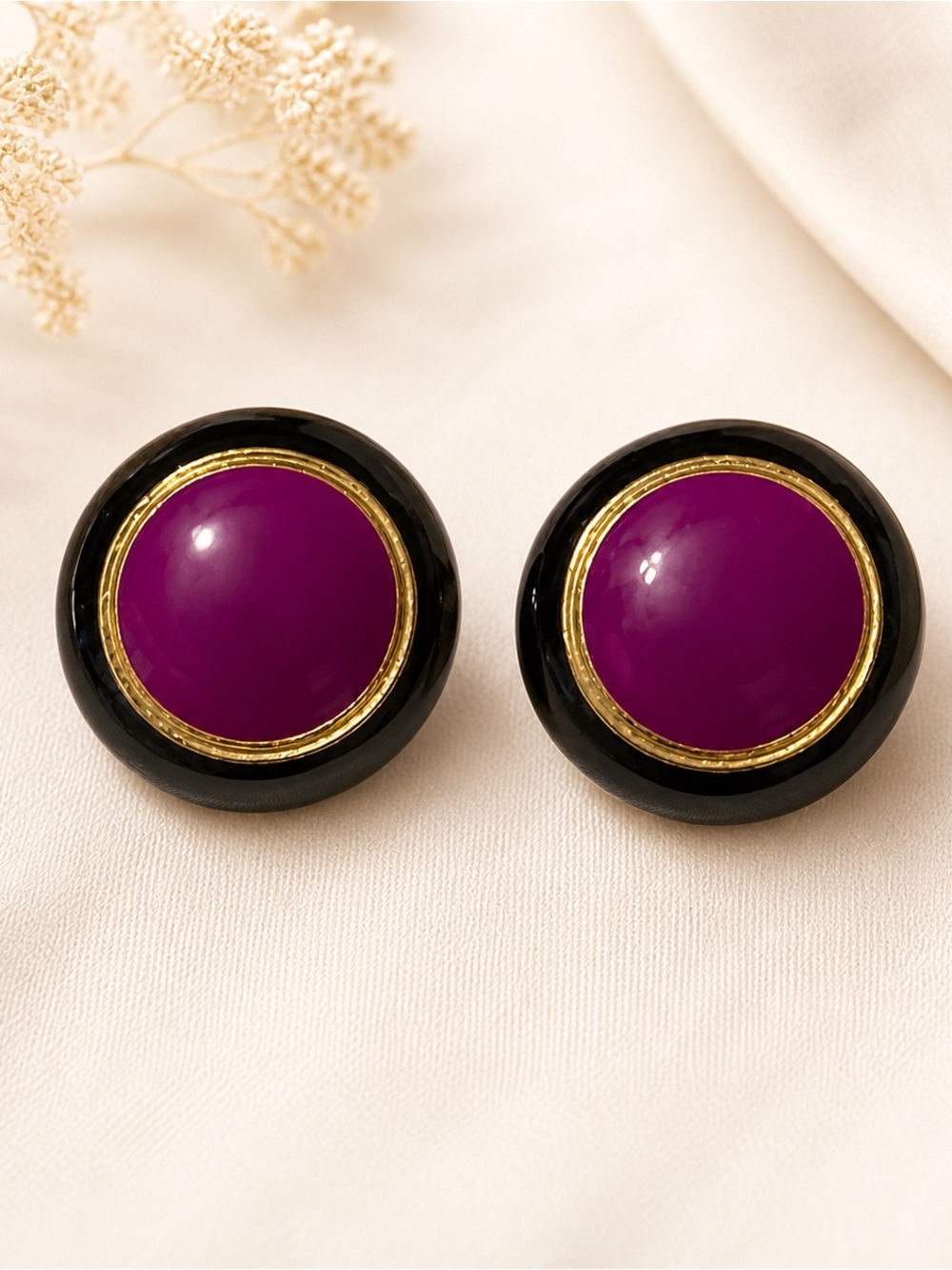 Purple Round Stud Earrings | Gold & Black Trim Classic Studs | Costume Jewelry